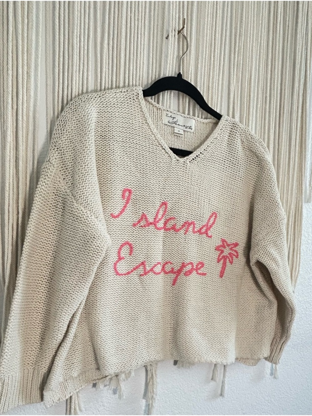 Vintage Havana Cream 'Island Escape' Knit Sweater with Pink embroidered Script - Picture 4 of 7